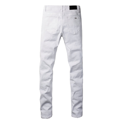 Men’s White Slim Fit Ripped Jeans with Subtle Blue Patchwork Accents and Clean Summer Street Style 625