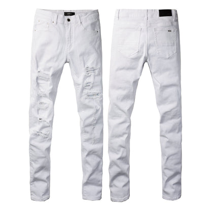 Men’s White Slim Fit Ripped Jeans with Subtle Blue Patchwork Accents and Clean Summer Street Style 625