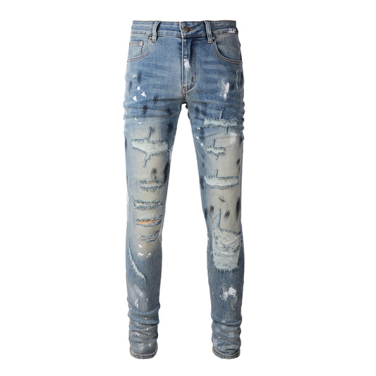 Cross-border Jeans Trendy Brand Retro Paint Ripped Patch Men's Jeans Slim Fit (6530-8830)