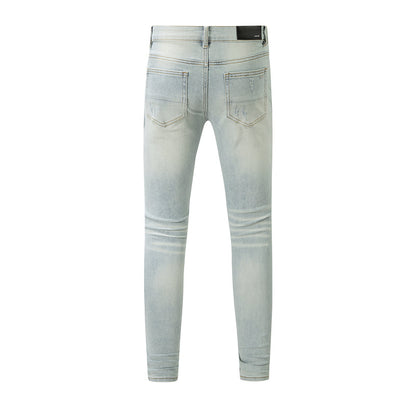 Men’s Light Blue Skinny Jeans with Ripped Details and Aqua Tone Patchwork for a Fresh Summer Street Style 6645