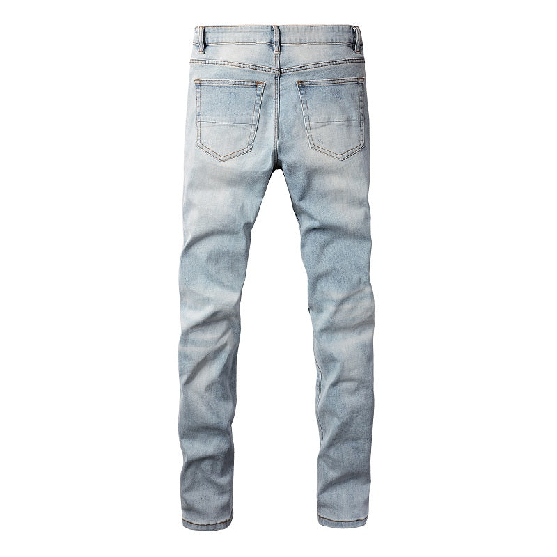Foreign Trade High Street Denim Casual Trousers Micro-elastic Cotton Youth Blue Ripped Skinny Jeans 808