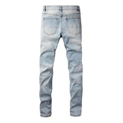 Foreign Trade High Street Denim Casual Trousers Micro-elastic Cotton Youth Blue Ripped Skinny Jeans 808