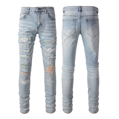 Foreign Trade High Street Denim Casual Trousers Micro-elastic Cotton Youth Blue Ripped Skinny Jeans 808