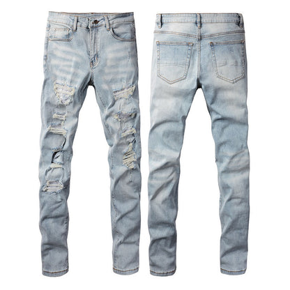 Foreign Trade High Street Denim Casual Trousers Micro-elastic Cotton Youth Blue Ripped Skinny Jeans 808