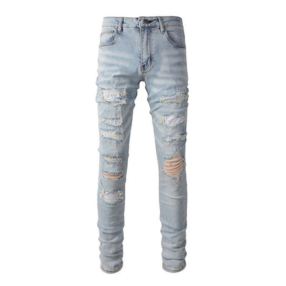 Foreign Trade High Street Denim Casual Trousers Micro-elastic Cotton Youth Blue Ripped Skinny Jeans 808