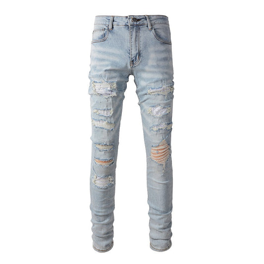 Foreign Trade High Street Denim Casual Trousers Micro-elastic Cotton Youth Blue Ripped Skinny Jeans 808