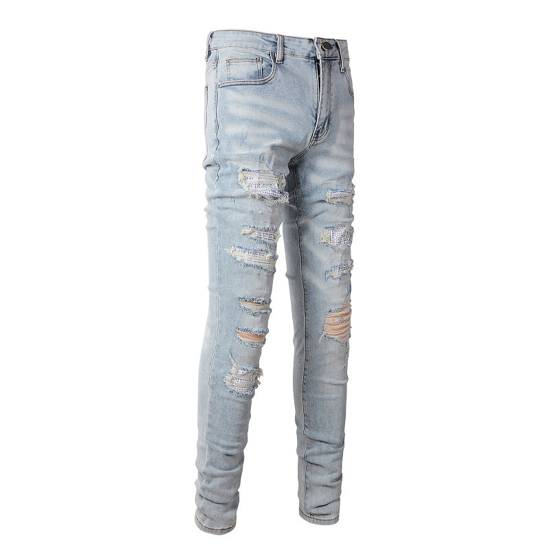 Foreign Trade High Street Denim Casual Trousers Micro-elastic Cotton Youth Blue Ripped Skinny Jeans 808