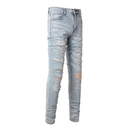 Foreign Trade High Street Denim Casual Trousers Micro-elastic Cotton Youth Blue Ripped Skinny Jeans 808