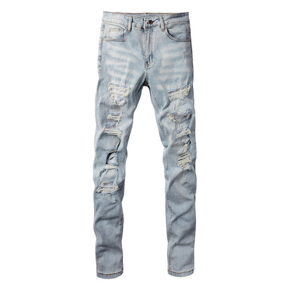 Foreign Trade High Street Denim Casual Trousers Micro-elastic Cotton Youth Blue Ripped Skinny Jeans 808
