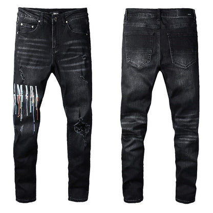 Jeans 830 Fashion Street Spray Paint Colorful Alphabet Black Jeans