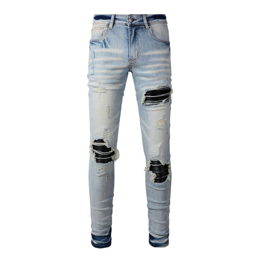 Men’s Light Blue Ripped Skinny Jeans with Black Fabric Patches, Distressed Detailing and Gradient Wash 848