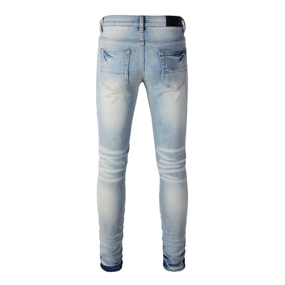 Men’s Light Blue Ripped Skinny Jeans with Black Fabric Patches, Distressed Detailing and Gradient Wash 848