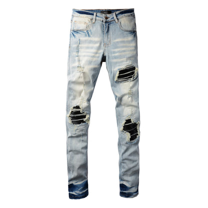 Men’s Light Blue Ripped Skinny Jeans with Black Fabric Patches, Distressed Detailing and Gradient Wash 848