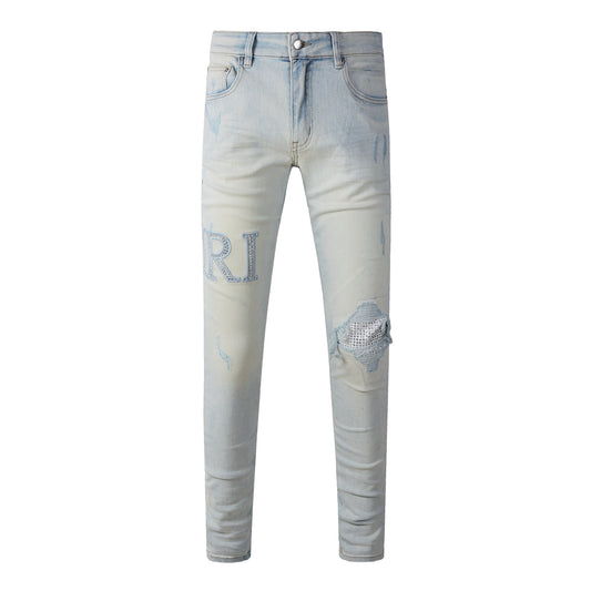 Washed Slim Fit Denim for Men Featuring Minimal Letter Patch and Mesh Layered Rip for Trendy Streetwear 8818