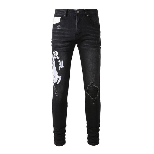 Men’s Black Skinny Jeans with Gothic Letter Print, Artistic White Graphics and Distressed Details for Streetwear Style 881