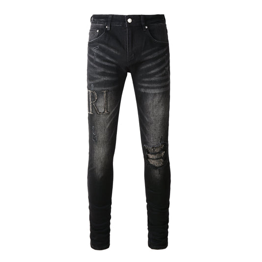 Rock-Inspired Distressed Black Jeans for Men Featuring Metallic Stud Lettering and Bold Torn Details 8823