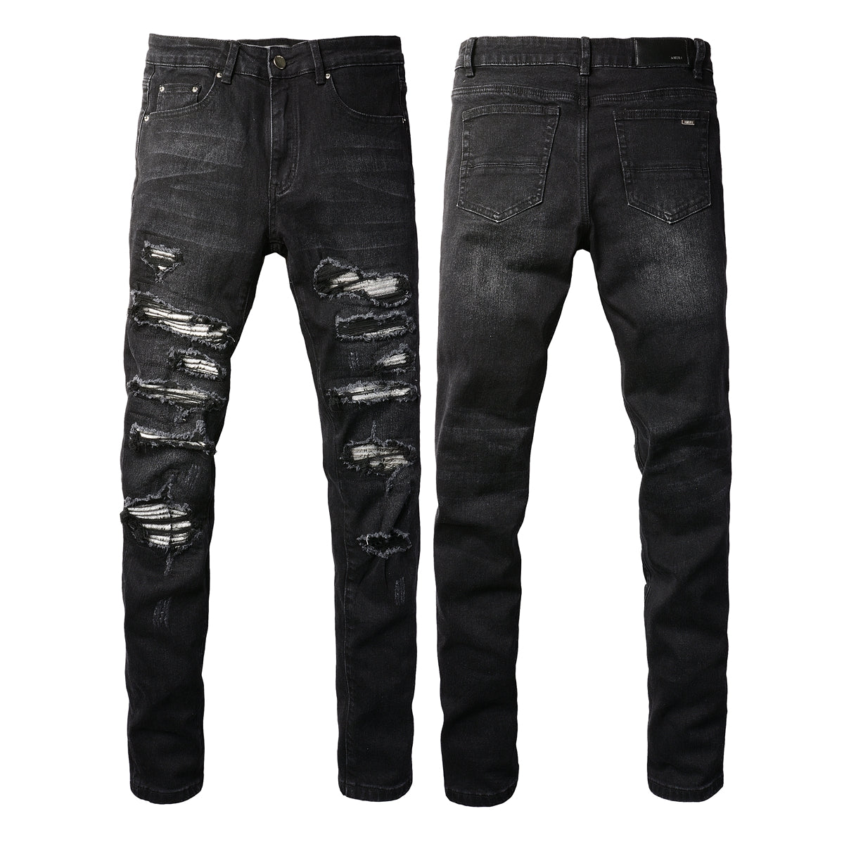 European and American Street Tide Ripped Patch Jeans High Street Tide Men's Elastic Slim Pants #(891-8833)