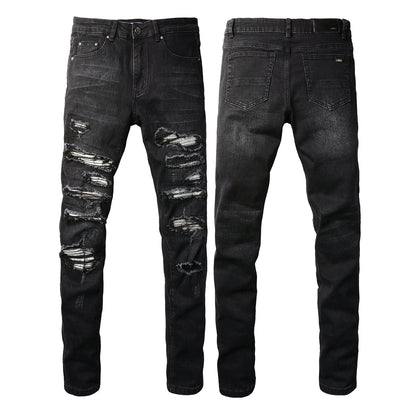 European and American Street Tide Ripped Patch Jeans High Street Tide Men's Elastic Slim Pants #(891-8833)