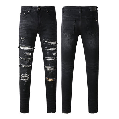European and American Street Tide Ripped Patch Jeans High Street Tide Men's Elastic Slim Pants #(891-8833)