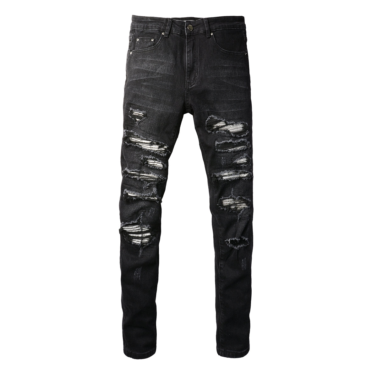European and American Street Tide Ripped Patch Jeans High Street Tide Men's Elastic Slim Pants #(891-8833)