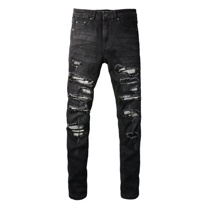 European and American Street Tide Ripped Patch Jeans High Street Tide Men's Elastic Slim Pants #(891-8833)
