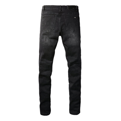 European and American Street Tide Ripped Patch Jeans High Street Tide Men's Elastic Slim Pants #(891-8833)