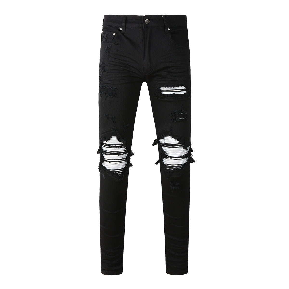 Vaqueros ajustados negros para hombre con rotos, retales atrevidos en contraste blanco y diseño deshilachado en la rodilla para estilo urbano (877-8837)