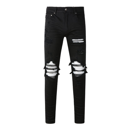 Vaqueros ajustados negros para hombre con rotos, retales atrevidos en contraste blanco y diseño deshilachado en la rodilla para estilo urbano (877-8837)