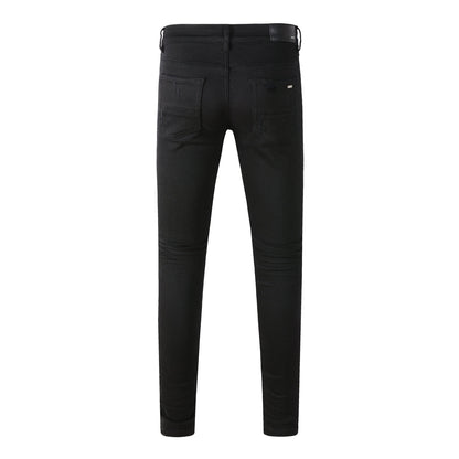 Vaqueros ajustados negros para hombre con rotos, retales atrevidos en contraste blanco y diseño deshilachado en la rodilla para estilo urbano (877-8837)