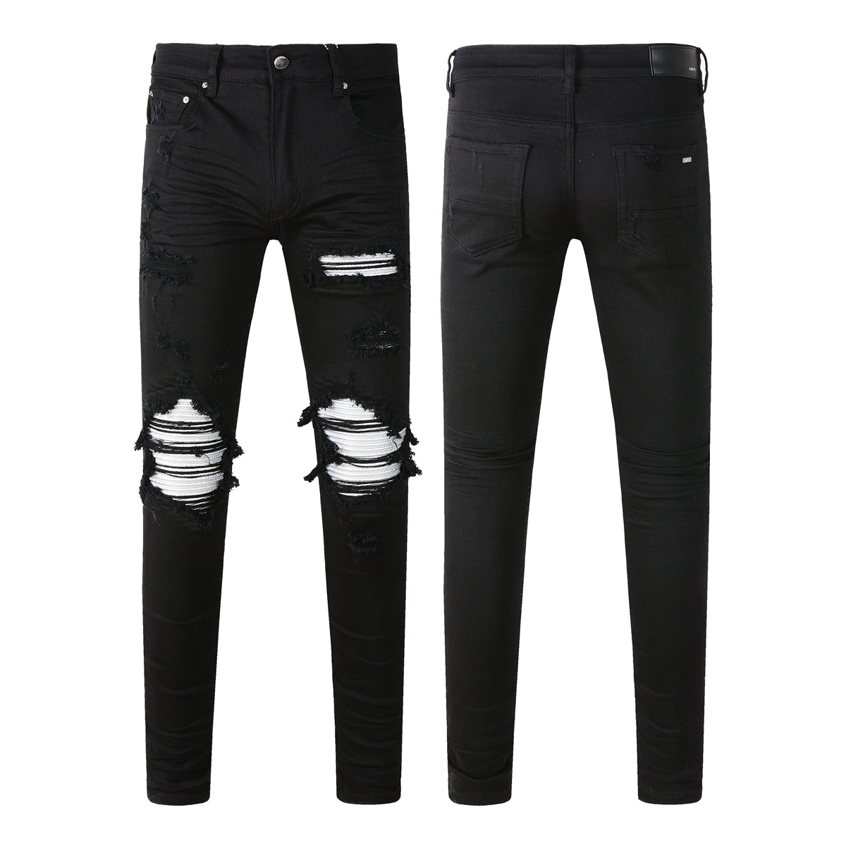 Vaqueros ajustados negros para hombre con rotos, retales atrevidos en contraste blanco y diseño deshilachado en la rodilla para estilo urbano (877-8837)