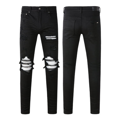 Vaqueros ajustados negros para hombre con rotos, retales atrevidos en contraste blanco y diseño deshilachado en la rodilla para estilo urbano (877-8837)