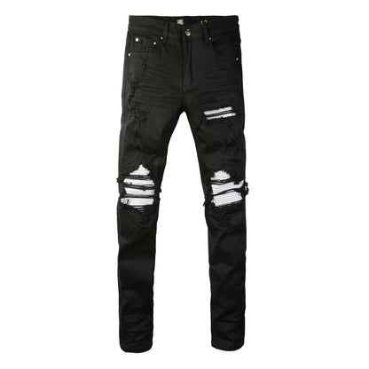 Vaqueros ajustados negros para hombre con rotos, retales atrevidos en contraste blanco y diseño deshilachado en la rodilla para estilo urbano (877-8837)