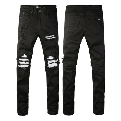 Vaqueros ajustados negros para hombre con rotos, retales atrevidos en contraste blanco y diseño deshilachado en la rodilla para estilo urbano (877-8837)