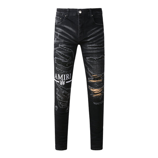 Men’s Black Skinny Jeans with Heavy Distressing and Washed Effect for Bold Streetwear Style 8882