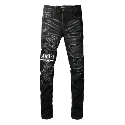 Men’s Black Skinny Jeans with Heavy Distressing and Washed Effect for Bold Streetwear Style 8882