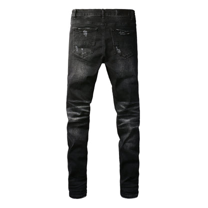 Men’s Black Skinny Jeans with Heavy Distressing and Washed Effect for Bold Streetwear Style 8882