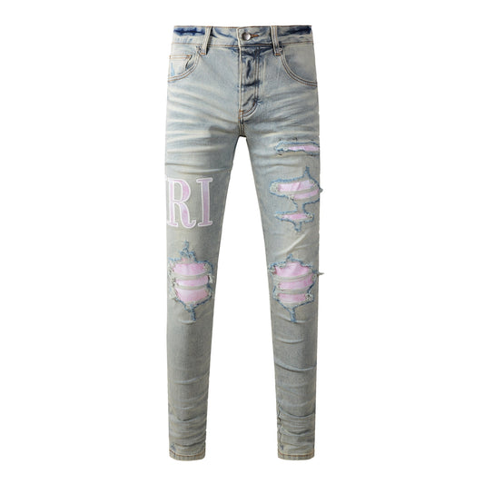 Men’s Light Blue Ripped Skinny Jeans with Pink Contrast Patchwork and Washed Gradient Effect 8885