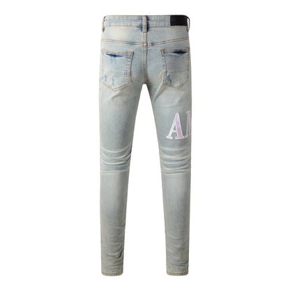 Men’s Light Blue Ripped Skinny Jeans with Pink Contrast Patchwork and Washed Gradient Effect 8885