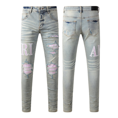 Men’s Light Blue Ripped Skinny Jeans with Pink Contrast Patchwork and Washed Gradient Effect 8885