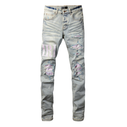 Men’s Light Blue Ripped Skinny Jeans with Pink Contrast Patchwork and Washed Gradient Effect 8885