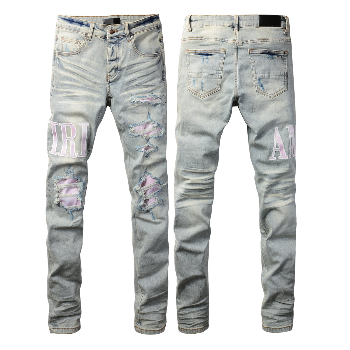 Men’s Light Blue Ripped Skinny Jeans with Pink Contrast Patchwork and Washed Gradient Effect 8885