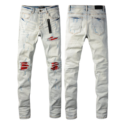 Men’s Light Grey Blue Ripped Jeans with Red Patch Design 8887