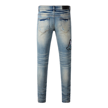 Men’s Light Blue Ripped Skinny Jeans with Embroidered Patch and Contrast Stripe Layering 8897