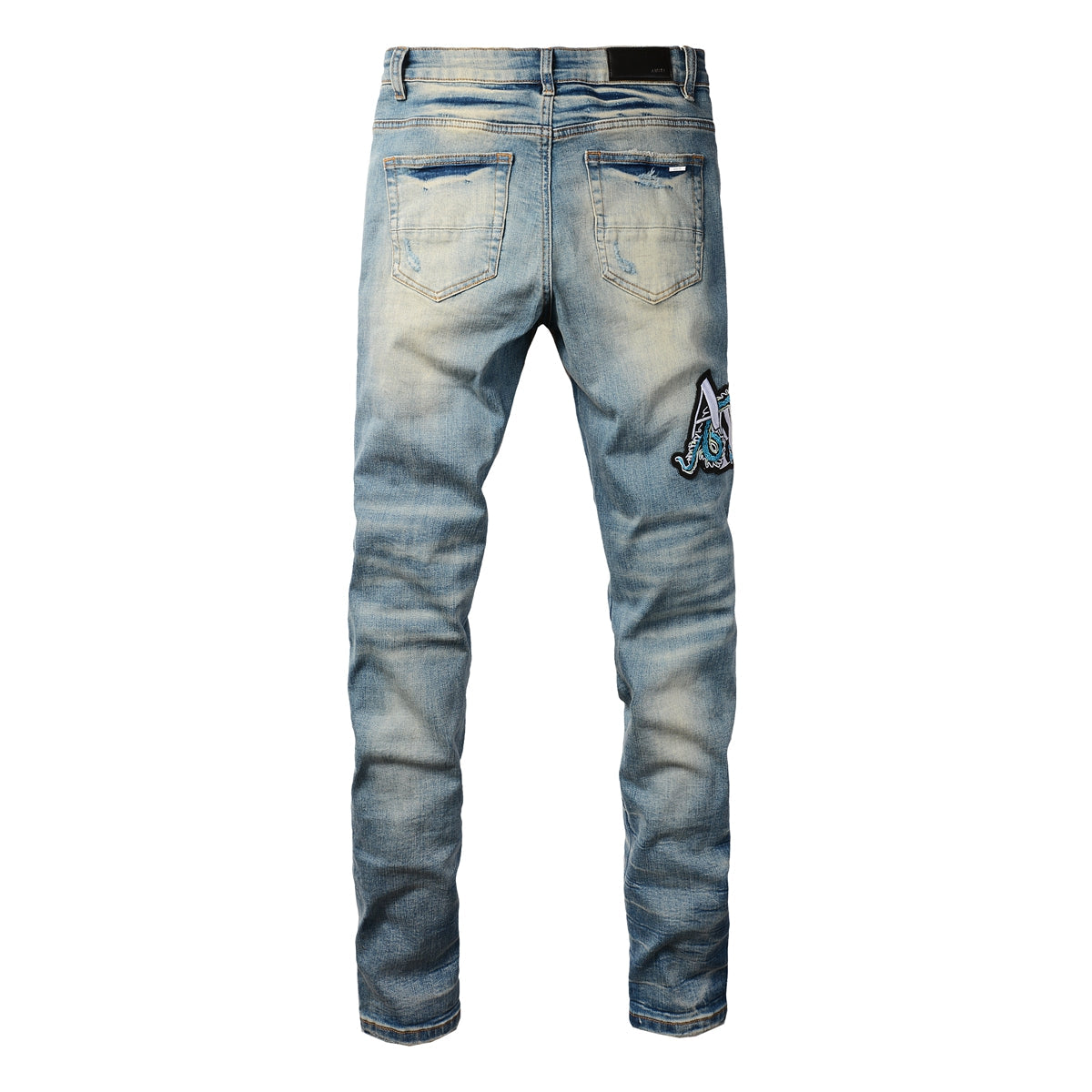 Men’s Light Blue Ripped Skinny Jeans with Embroidered Patch and Contrast Stripe Layering 8897