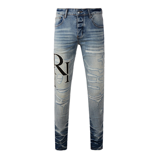 Men’s Light Blue Skinny Jeans with Heavy Distressing and Gradient Washed Hem Design 8898