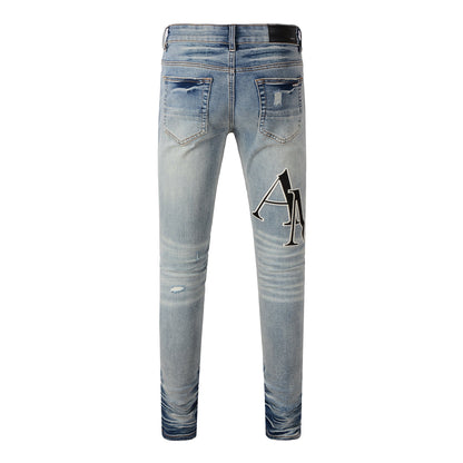 Men’s Light Blue Skinny Jeans with Heavy Distressing and Gradient Washed Hem Design 8898