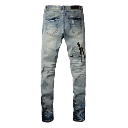 Men’s Light Blue Skinny Jeans with Heavy Distressing and Gradient Washed Hem Design 8898