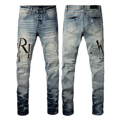 Men’s Light Blue Skinny Jeans with Heavy Distressing and Gradient Washed Hem Design 8898