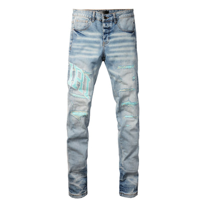 Men’s Mid Blue Skinny Jeans with Aqua Letter Print and Whisker Wash Distressing 8901