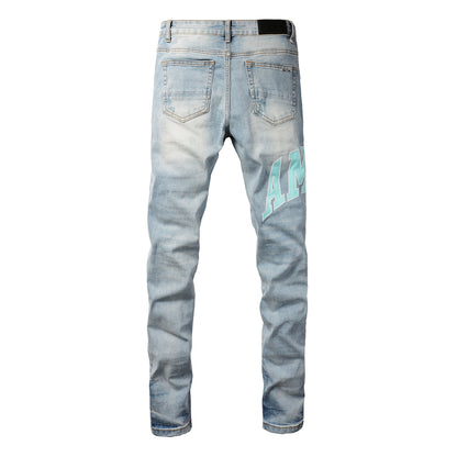 Men’s Mid Blue Skinny Jeans with Aqua Letter Print and Whisker Wash Distressing 8901